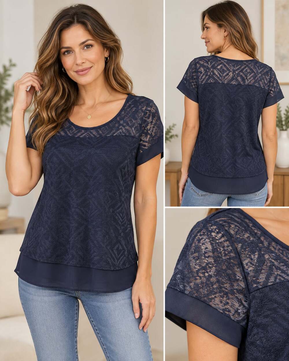 The Limited Short Sleeve Blouse Size XS Navy Blue Lace Accent